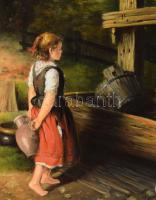 Madarász Gábor (1964-): Kislány a kútnál. Olaj, farost. Jelzett. Dekoratív fakeretben. 48x40 cm