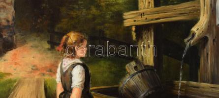 Madarász Gábor (1964-): Kislány a kútnál. Olaj, farost. Jelzett. Dekoratív fakeretben. 48x40 cm