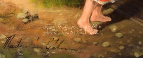 Madarász Gábor (1964-): Kislány a kútnál. Olaj, farost. Jelzett. Dekoratív fakeretben. 48x40 cm