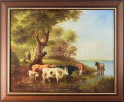 Madarász Gábor (1964-): Tehénitatás. Olaj, farost. Jelzett. Dekoratív fakeretben. 40x50 cm