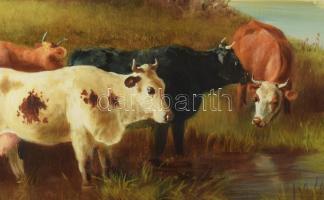Madarász Gábor (1964-): Tehénitatás. Olaj, farost. Jelzett. Dekoratív fakeretben. 40x50 cm