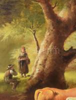 Madarász Gábor (1964-): Tehénitatás. Olaj, farost. Jelzett. Dekoratív fakeretben. 40x50 cm