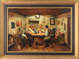 Madarász Gábor (1964-): Kártyázók. Olaj, farost. Jelzett. Dekoratív fakeretben. 33x47 cm