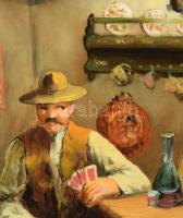 Madarász Gábor (1964-): Kártyázók. Olaj, farost. Jelzett. Dekoratív fakeretben. 33x47 cm