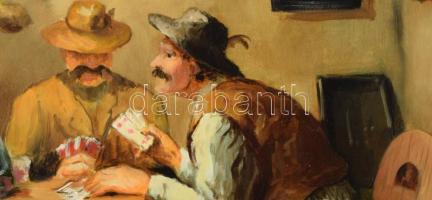 Madarász Gábor (1964-): Kártyázók. Olaj, farost. Jelzett. Dekoratív fakeretben. 33x47 cm