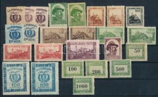 Nyugat-Magyarország VII. 1921 25 db bélyeg színváltozatokkal, értékszám-elcsúszásokkal és lemezhibákkal, Bodor vizsgálójellel