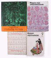 Vegyes népművészeti könyvtétel, 4 db:  Dr. Flórián Mária: Magyar népviseletek. Rajzolta Urai Erika. Bp., 1980, Móra. Kiadói kartonált papírkötés;  Fél Edit: Magyar népi vászonhímzések. Magyar népművészet 8. Bp., 1976, Corvina Kiadó. Kiadói enyhén sérült kartonált papírkötés, volt könyvtári példány;  Fél Edit: Népviselet. Népművészet. Bp., 1962, Képzőművészeti Alap Kiadóvállalata. Kiadói kissé foltos kartonált papírkötésben;  Végh Olivér: A kalotaszegi fazekasság. Bukarest, 1977, Kriterion Könyvkiadó. Kiadói kartonált papírkötés, papír védőborítóban.