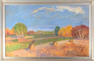 Tenkács Tibor (1913-1998): Októberi mezőn, 1985. Olaj, farost, jelzett. Hátoldalán autográf felirattal. Fakeretben. 52×80 cm