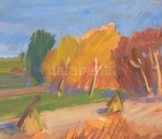 Tenkács Tibor (1913-1998): Októberi mezőn, 1985. Olaj, farost, jelzett. Hátoldalán autográf feliratt...