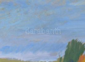 Tenkács Tibor (1913-1998): Októberi mezőn, 1985. Olaj, farost, jelzett. Hátoldalán autográf feliratt...