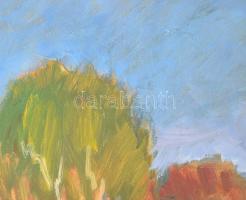 Tenkács Tibor (1913-1998): Októberi mezőn, 1985. Olaj, farost, jelzett. Hátoldalán autográf feliratt...