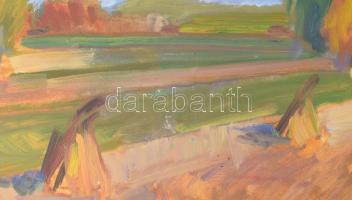 Tenkács Tibor (1913-1998): Októberi mezőn, 1985. Olaj, farost, jelzett. Hátoldalán autográf feliratt...