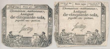 Franciaország 1792-1793. 50s "Assignat" (2xklf) egyik vízjellel, mindkettő szárazpecséttel T:G France 1792-1793. 50 Sols "Assignat" (2xdiff) one with watermark and both with embossed stamp C:G Krause P#A70