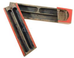 Antik fa gyermek tolltartó, rajta cirkuszi jelenettel, szétnyitható, kopott, h: 24 cm