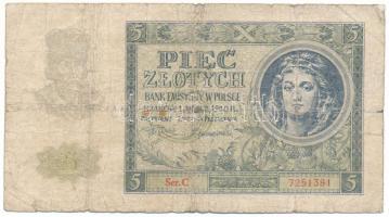 Lengyelország 1940. 5Zl T:VG,G ragasztott Poland 1940. 5 Zloty C:VG,G sticked