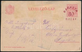 1920 Baranya 30f felülnyomású díjjegyes levelezőlap postaügynökségi bélyegzéssel, Bodor vizsgálójellel