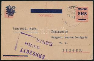 1919 SHS felülnyomású díjjegyes levelezőlap, Bodor vizsgálójellel "VRDN(IK)" - Szeged