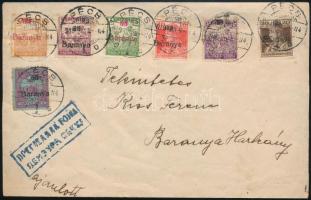 1919 Ajánlott cenzúrázott levél 7 db Baranya bélyeggel, a Károly 10f antikva számokkal! "PÉCS" - Baranyaharkány, Bodor vizsgálójellel