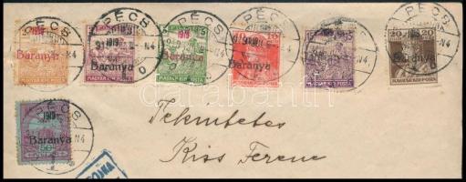 1919 Ajánlott cenzúrázott levél 7 db Baranya bélyeggel, a Károly 10f antikva számokkal! "PÉCS&q...
