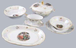 Kahla 6 részes szervírozó készlet, pecsenyés tál, kínálótálak, szószkínáló, leveskínáló. Jelzett, fedő belsején kis hibával, jó állapotban.