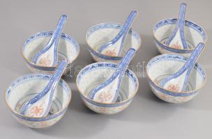 Kínai 6 személyes rizsszemes leveses tál készlet kanalakkal, jelzett, hibátlan.