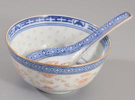 Kínai 6 személyes rizsszemes leveses tál készlet kanalakkal, jelzett, hibátlan