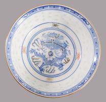 Kínai 6 személyes rizsszemes leveses tál készlet kanalakkal, jelzett, hibátlan