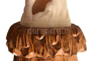 Faragott csont keleti szobor, Női akt ábrázolással fa talapzaton 27 cm