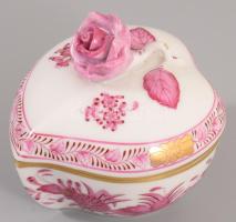 Herendi indiai kosár lila mintás szív alakú bonbonier, jelzett, fogón minimális pattogzással, 7,5x7 ...