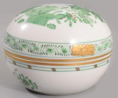 Herendi indiai kosár zöld mintás bonbonier, jelzett, hibátlan, d: 7,5 cm