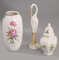 Hollóházi 3 darab dísztárgy, gém, váza, fedeles váza. Jelzett, hibátlan, m: 20,5 cm