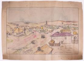 cca 1943 Verhnije Marki (Don-mellék, Oroszország) látképe, Kiss István árkász hadnagy ceruzarajza, feltekerve, törésnyomokkal, sérülésekkel, ragasztott, 30,5x42 cm