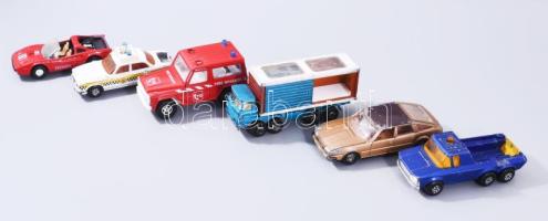 6 darab fém játékautó, sérüléssel, h: 13 cm alatt
