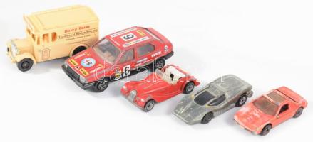 5 darab játékautó, kopással, h:10 cm alatt