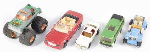 5 darab játékautó, kopással, h:10 cm alatt