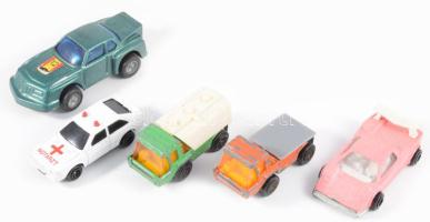 5 darab játékautó, kopással, h: 9 cm alatt