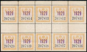 1929 MÁV 1929.évi éves bérlet matrica tízes ív középen dupla fogazással