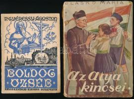 2 db könyv: Blaskó Mária: Az atya kincsei. (P. Biró Ferenc S. J.) Márton Lajos rajzaival. Bp., 1942, Korda R.T., 152 p. Kiadói illusztrált papírkötés, foltos, kissé sérült borítóval és gerinccel, helyenként foltos lapokkal, tulajdonosi bejegyzéssel. + P. Gyéressy Ágoston: Boldog Özséb élete. Bp., [1939], Pálos Rendház, 80 p. Kiadói papírkötés, foltos borítóval, az elülső borítón kis sarokhiánnyal, ceruzás aláhúzásokkal és bejegyzésekkel.