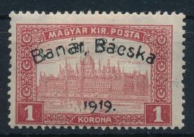 Bánát-Bácska 1919 Parlament 1K kettős felülnyomással, Bodor vizsgálójellel