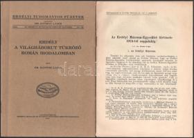 4 db kiadvány: Kántor Lajos: Erdély a világháborút tükröző román irodalomban. Erdélyi tudományos füzetek 66. sz. Cluj-Kolozsvár, 1934, Erdélyi Múzeum-Egyesület (Minerva-ny.), 25+(1) p. Kiadói tűzött papírkötés. + Kántor Lajos: Az Erdélyi Múzeum-Egyesület története 1924-től napjainkig. Különnyomat az Erdélyi Múzeum 35. évf. 1. számából. 17 p. + 1951-1952 A Magyar Magazin c. emigráns folyóirat 2 db száma, szerk. és kiadja: Szebenyei József. Tűzött papírkötés, kissé foltos borítóval.