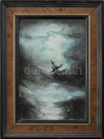 Olvashatatlan jelzéssel: Vitorlás viharban. Olaj, farost. Dekoratív, kissé kopott fakeretben, 15x10 cm.