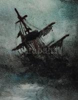 Olvashatatlan jelzéssel: Vitorlás viharban. Olaj, farost. Dekoratív, kissé kopott fakeretben, 15x10 ...