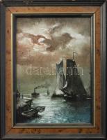 Olvashatatlan jelzéssel: Vitorlások holdfényben. Olaj, farost. Dekoratív, kissé kopott fakeretben, 17x12 cm.