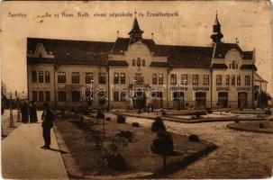 Szentes, Új római katolikus elemi népiskola, Erzsébet park, cukrászda, női kalap üzlet, Pázmány Géza üzlete, hátoldalon Bevásárlási hegy 10 fillér értékben, beváltható a Kultúra és Untermüller Testvérek üzletében. Vecsevi István kiadása (felületi kopás / worn surface)