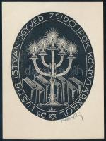 Radványi Román Károly (1900-1957): Zsidó írók könyvtárából, dr. Lustig István ügyvéd (judaika ex libris), 1935. Fametszet, papír, jelzett, hátoldalán a művész bélyegzőjével. 9,5x7,5 cm.