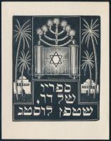 Radványi Román Károly (1900-1957): Ex libris Lustig István (héber feliratú judaika könyvjegy). Fametszet, papír, jelzett a metszeten. 9x7,5 cm.
