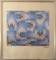 Vasarely Victor (1908-1997): P 1190 "HANDYA" (Op-art kompozíció). Ofszet, papír, jelzett a nyomaton. 36x36 cm Üvegezett fakeretben. Lap alja kissé foltos.