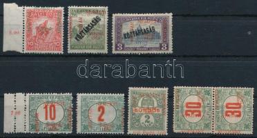 Szeged 1919 8 db bélyeg látványosan elcsúszott felülnyomással, Bodor vizsgálójellel, a 10f kettős fogazással