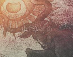 Egresi Zsuzsa (1954-2025): Horoszkóp: Bika hava, 1984. Színes rézkarc, papír. Jelzett. Számozott (32...