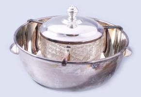 Ezüstözött kaviártartó üvegbetéttel, eredeti gyári dobozában. Manucfatura Wolff Soppil. d:20cm, m:12cm